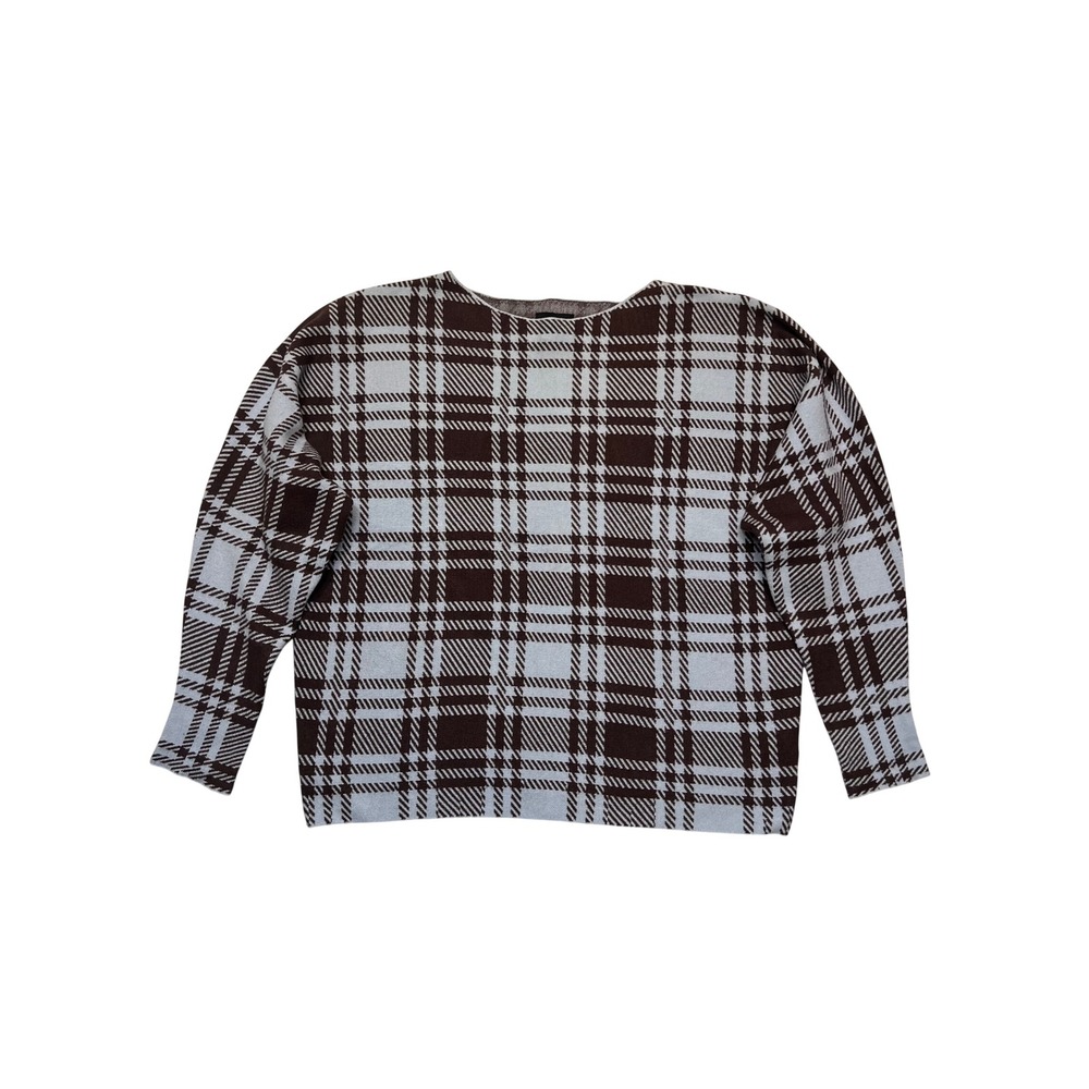 Adrienne Vittadini Brown Baby Blue Plaid Boxy Knit Preppy Old Money Sweater L